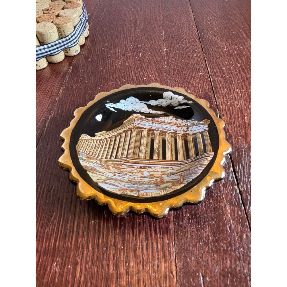 KE Strigos Greece 24k Gold Parthenon Ceramic Trinket Dish Handmade Scallop Edge‎